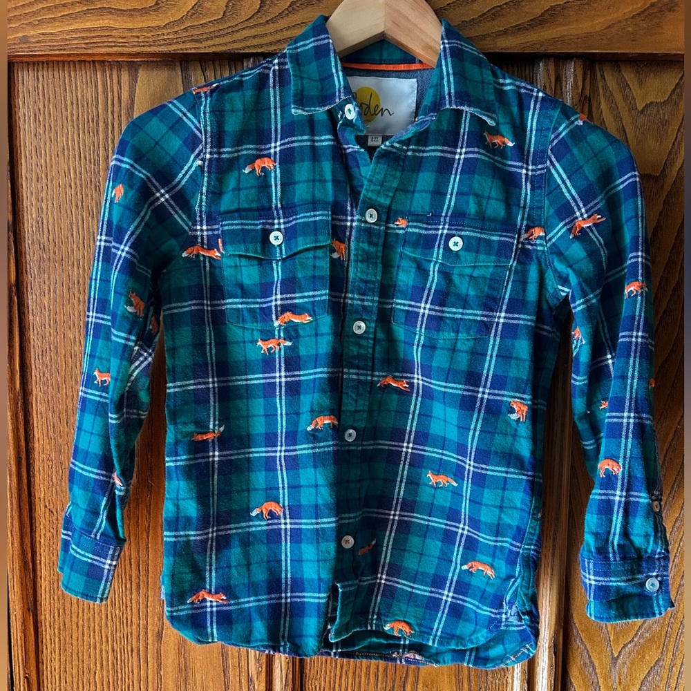 Mini Boden boys 8-9 flannel button down with embroidered foxes.